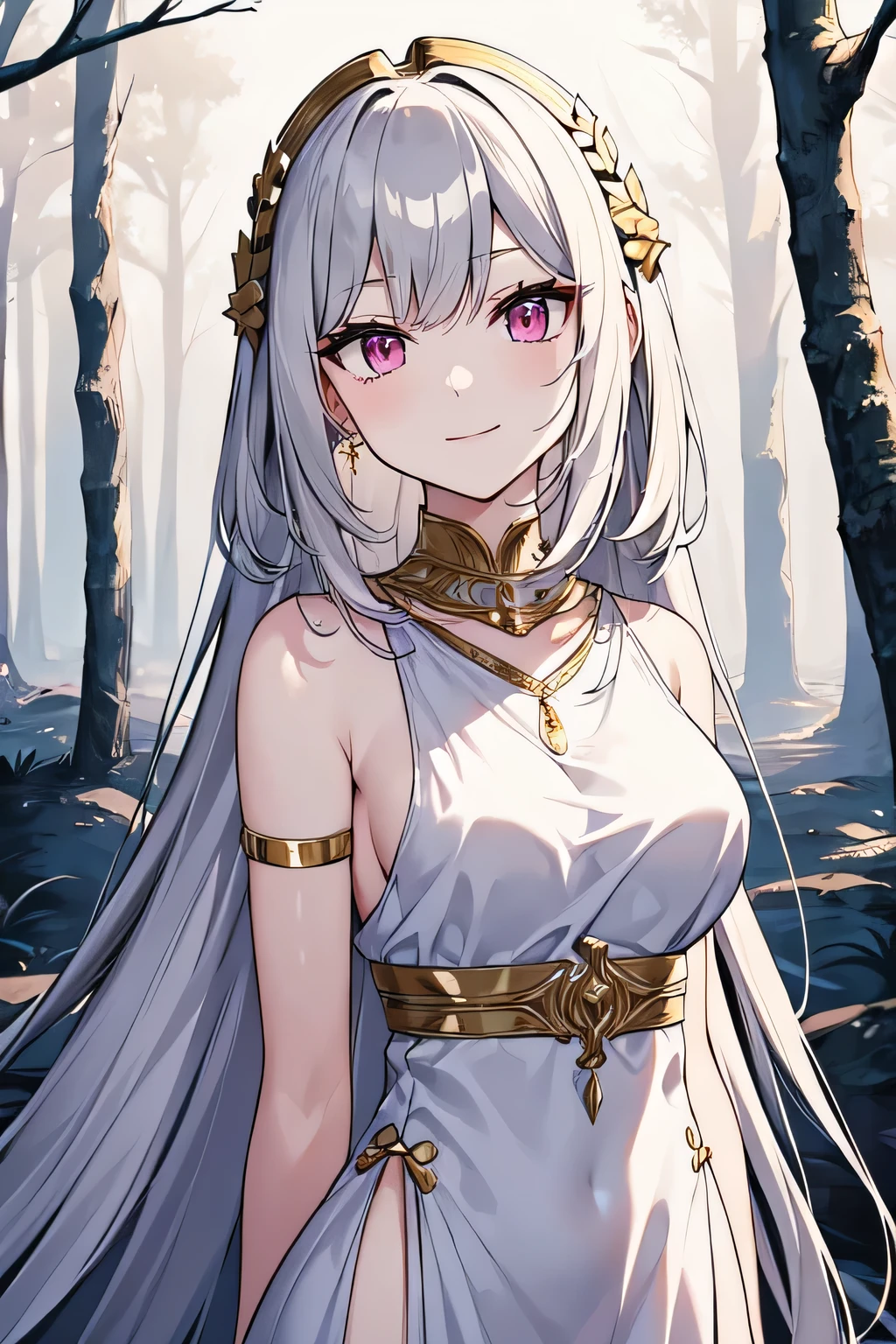 masterpiece, best quality, 16k, 1girl, solo, long hair, light hair, wavy hair, platinum hair, hair bangs, , (medium breasts:1.1), rating:safe, pink eyes, hair between eyes, evil smile, wearing a peplos, ancient greek dress, gold bracelets, arms behind back, head tilt, evil queen, royalty, goddess, majestic, ((outdoors, winter, winter forest)), face only, upper body