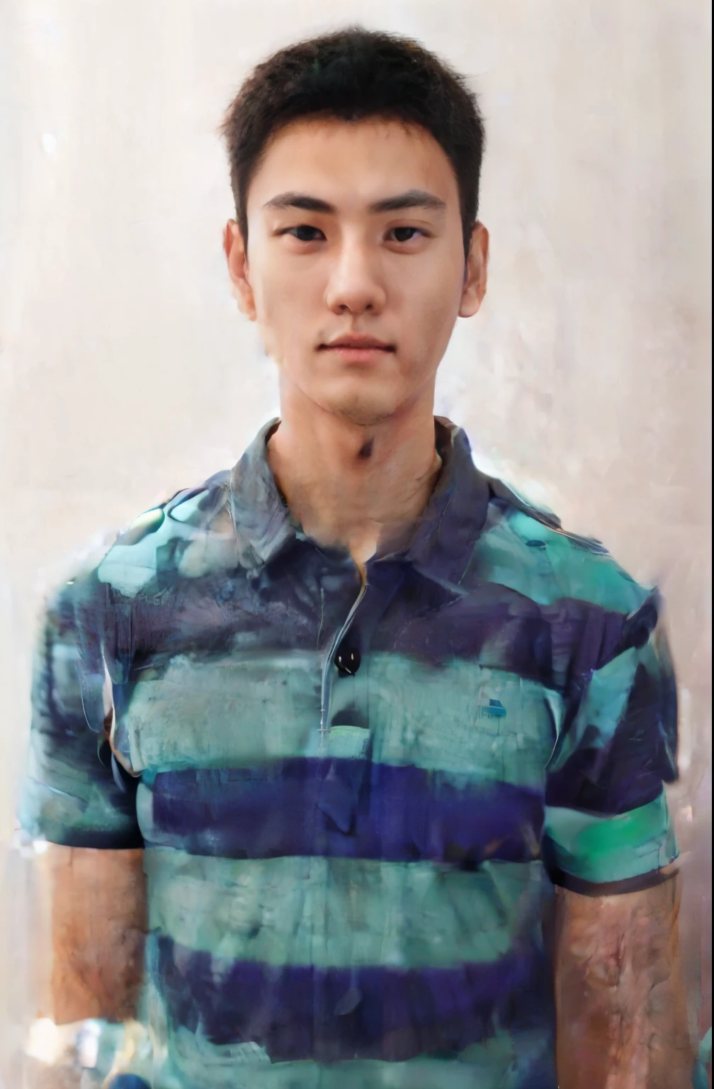 Very realistic 3d caricature. Big head, an 18-year-old Indonesian man, tall, slightly thin body, oval face shape, handsome, round eyes, straight black hair, brownish white skin, wearing a t-shirt with
three buttons with a blue-green striped shirt pattern.
Red background, use soft photographic lighting, with hair light, edge light and top light.
Very high detail photo.