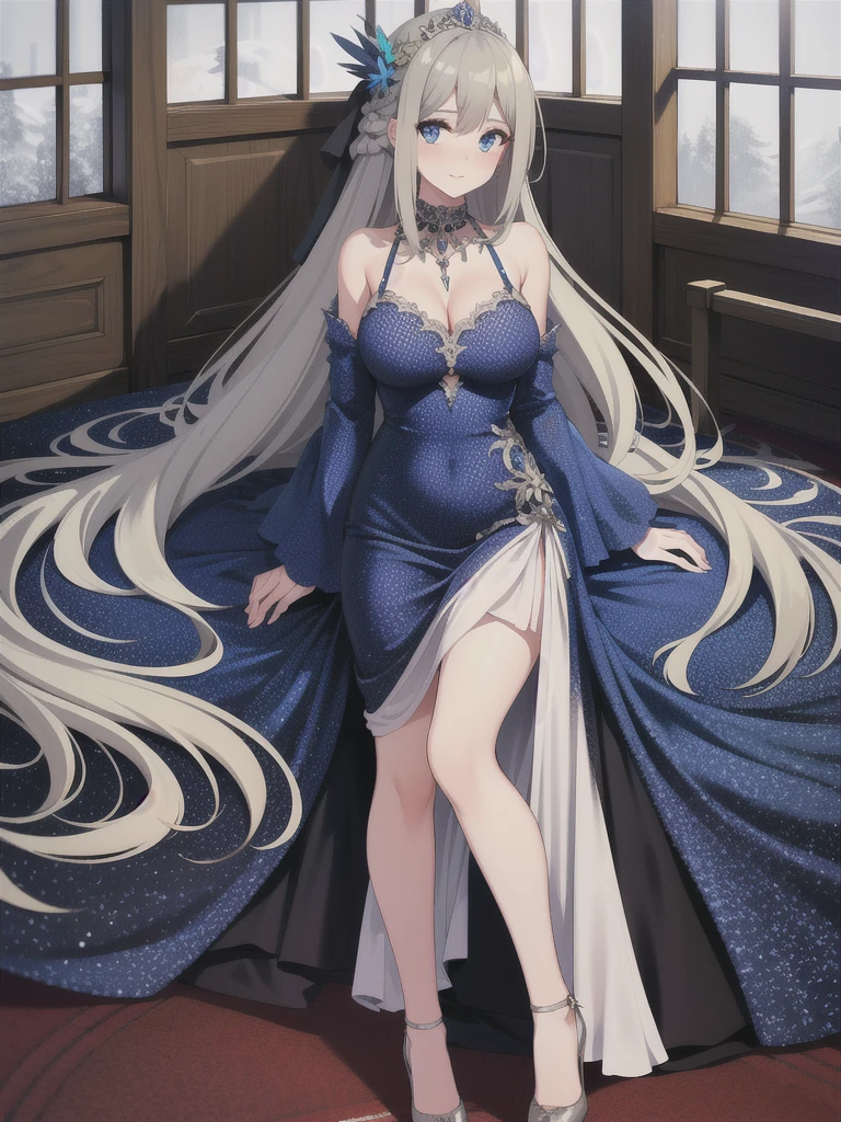 lexington \(warship girls r\),1girl, solo, (8k, masterpiece:1.2),highly detailed,ultra-detailed,masterclass,hair_between_eyes,braid,perfect lighting,medium breasts,hair ornament,(detailed facial features),full body,long_hair,blush,feathers hair ornament,(dark blue wedding dress:1.2) night,windows,indoors,light,indoors,carpet,illustration,cowboy shot,masterpiece,best quality,(MediumBlue evening dress:1.2),
Flaxen long hair(delicate hair),blue eyes(delicate eyes),