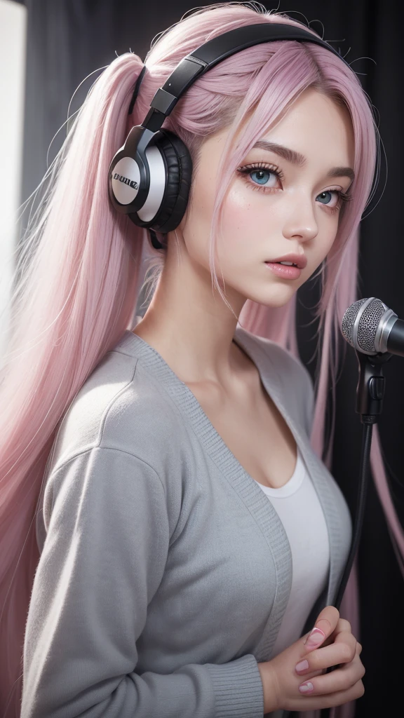 (A photo of a beautiful girl in fashionable casual clothes wearing headphones and singing into a recording microphone in a recording studio was posted on social media.) (The beautiful girl is 17 years old, 18% Japanese, 26% French, and 56% Ukrainian, 178 cm tall, small bust but stylish, with a beautiful, well-balanced figure.) (Her hair is pink ash gray and super long, tied in twin tails with black ribbons, and curls in a spiral toward the tip.) (Her eyebrows are the same color as her hair, thin, slightly thick and short, and her eyelashes are long.) (Her large blue eyes reflect the light of the lighting and are amazingly beautiful like pearls.) (Her nose is high like an English person, her lips are plump and shaped so that you want to kiss them, her skin is translucent white, and the balance between her head and face is in line with traditional Japanese aesthetics.) Her hands should have five fingers. Furthermore, even her nails are drawn very delicately. (Single, Masterpiece, Ultra Detailed, Highest Quality, Artistic Composition, Ultra Precision, Realistic, Photorealistic, High Resolution, Dynamic Lighting Effects, Golden Ratio, Surreal). Try your best to meet all these criteria.