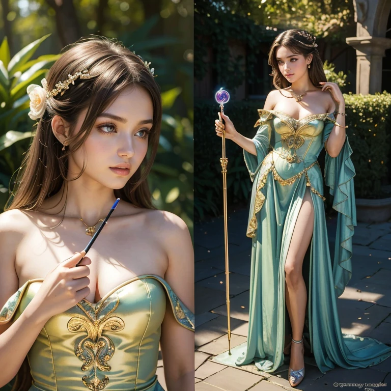 (masterpiece, best quality:1.5), highest quality, High resolution, super detailed, Realists, Upper body photo of a brunette magical girl, detailed and beautiful eyes, beautiful detailed lips, very detailed eyes and face, longeyelashes, shiny satin dress, Holding a magic wand in your hand, Cast a transformation spell, Snake transforms into a long richly decorated staff. Magic wands present and shiny, Beautiful and colorful makeup, elegant and noble々The jewelry bag, Gardens as background, soft daylight, bright colors, fine brushstrokes, Portrait style, Silk dress fabric, beautiful color palette, glowing skin, First-class rendering, that captures every detail, enchanting atmosphere, subtle shadows and lights, (perfect anatomy:1.2), (The stunning 14-year-oldrl turns a snake into a long stick. (a transformation with the magic wand:1.4), (magnificent panorama view:1.2)