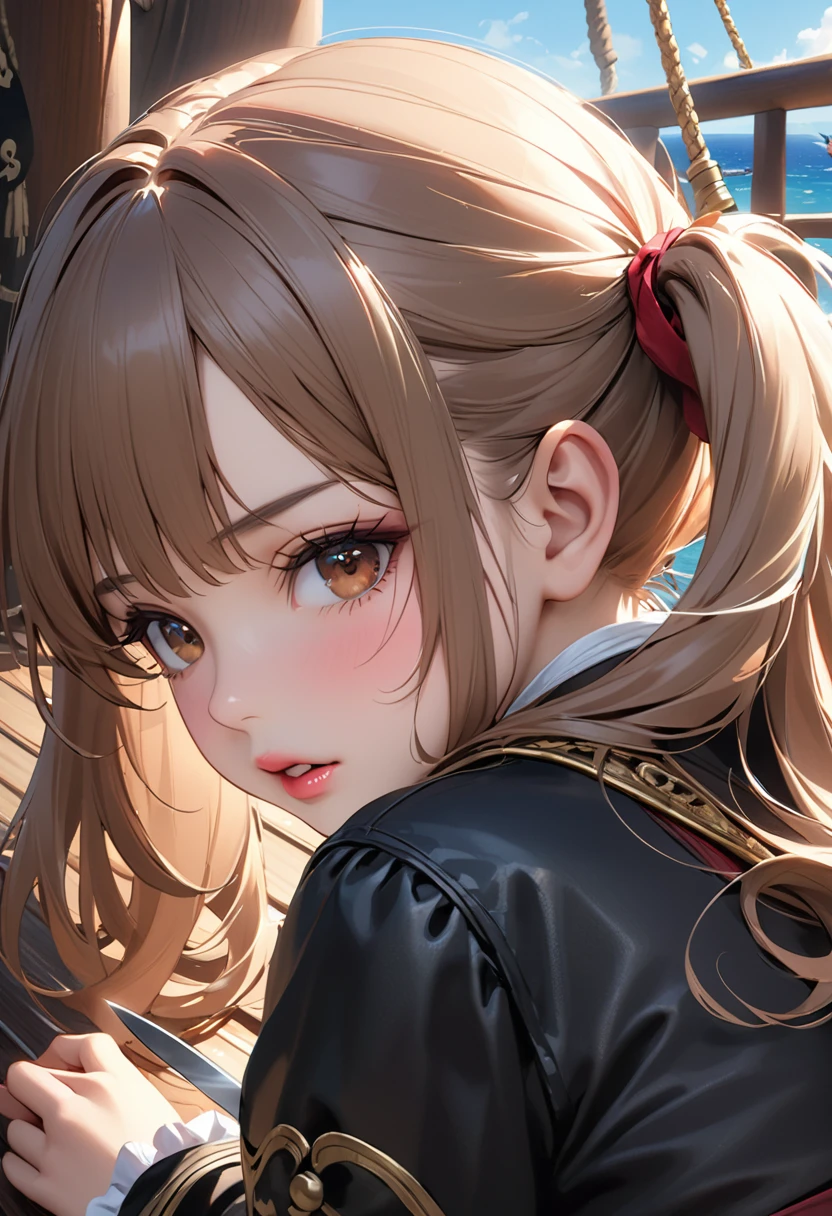 Highest quality, masterpiece, Ultra-high resolution, Realistic:1.2, RAW Photos, Intricate details, Portraiture,　Big beautiful brown eyes:1.2, Perfect contours, Perfect proportions:1.2, ((female pirate:1.2)), break　((Close-up of the mouth:1.2, ((from behind:1.2)), (look back:1.2), looking away:1.2)), ((petite, short, tiny girl:1.2)), Light Brown Hair、((long hair, twintails:1.2)), (makeup:1.2, full lips:1.3, pink lips:1.3, shiny lips:1.3, parted lips:1.2), ((Pirate costumes:1.2, Pirate Shoes)), break　((Hold your mouth、Place your hands on the floor、Kneeling on the floor、Leaning forward:1.2))、(Crying face:1.2), (The background is the deck of a pirate ship:1.2、There are a few pirates wandering around、Many pirate ships), (Pirate with knife)