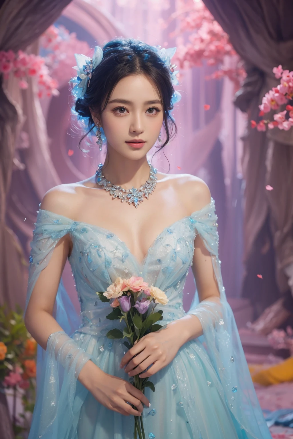 1 woman, 20 years old (Sexy, detailed and beautiful face:1.2), normal breasts, wavy hair, updo, forehead, ice hair bow, beautiful eyes, ((ice wedding dress)), (shining colorful fluorescent dress effect:1.5), evil smile, Gorgeous gems and jewels, necklace, earring, bracelet, holding flowers, frozen dark cave, (upper thigh shot:1.2), (masterpiece, top quality, best quality, official art, beautiful and aesthetic:1.2), uhd, mackerel, xxmixgirl,