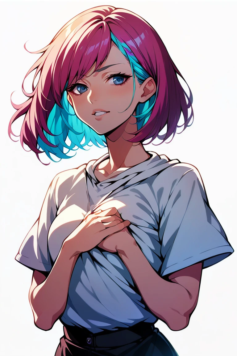 Illustrator, anime , Realistic ,sketch , One girl with bob hair, ,lip, hoodie, Hold the book to your chest, White background, Neon Hair,Textured Trim, Canadian, cyber punk, (masterpiece,Highest quality) 