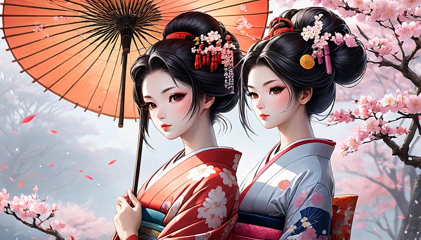 Black hair geisha hairstyle adult women,kimono,Off-shoulder,cleavage,Bare Legs,Japanese Street,Cherry blossoms