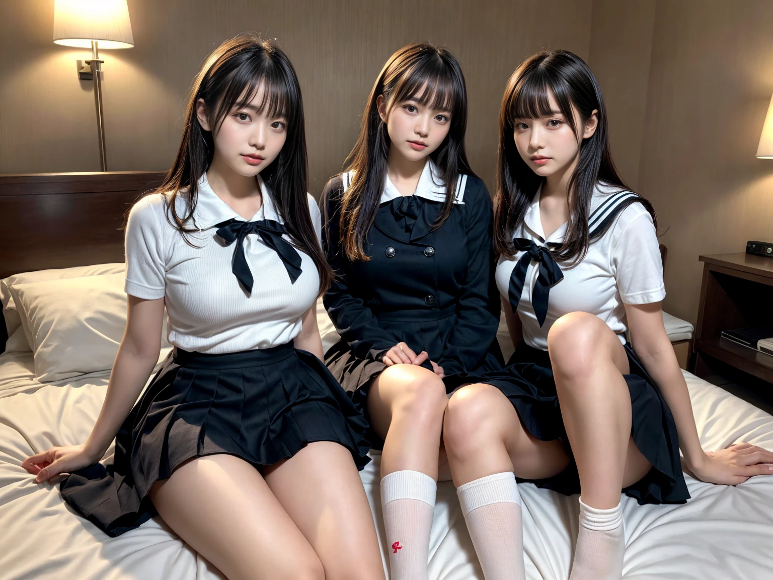 masterpiece, best quality, illustration, Super detailed, fine details, High resolution, 8K,wall paper, perfect dynamic composition,(Details High quality, realistic depiction of eyes:1.3), (3 girls), Black Sailor Uniform, serafuku, Navy pleated skirt, sitting, open legs, short bob hair, in a hotel room in the background, deep on field, large breasts, black hair color, Big Natural Color Lip, (perfect body shape), crying a little、Harajuku style、20 year old girl、cute type、beautiful legs, Gravure Idol