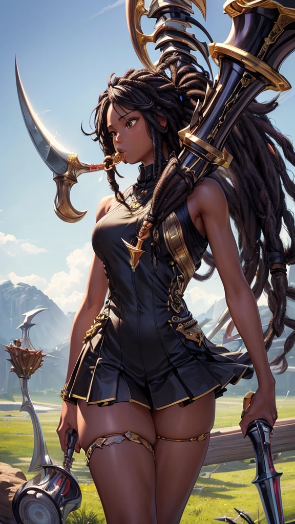 (masterpiece, highest quality, ultra high res, ultra detailed:1.3), 1 cute girl, ideal ratio body proportions, (black fine dreadlocks:1.3), (blowing hunting horn:1.4), 