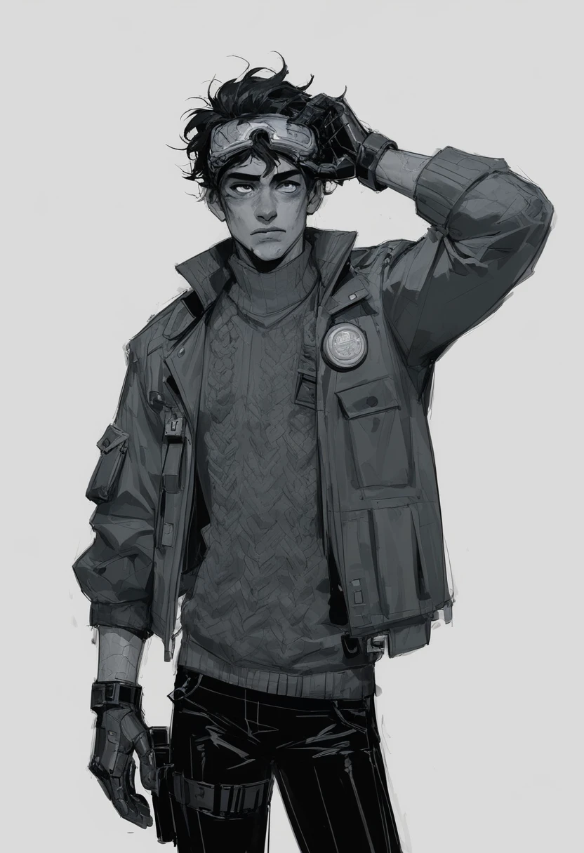 score_8_up, score_7_up, 1boy, solo, lineart of a young man with a somber expression and black messy hair with goggles wearing a black long-sleeved knitted sweater decorated by straps and an armpit holster under a bomber jacket, also wearing a pair or robotic gloves and black pants, dieselpunk laboratory background, sketch, in the style of Ashley Wood
