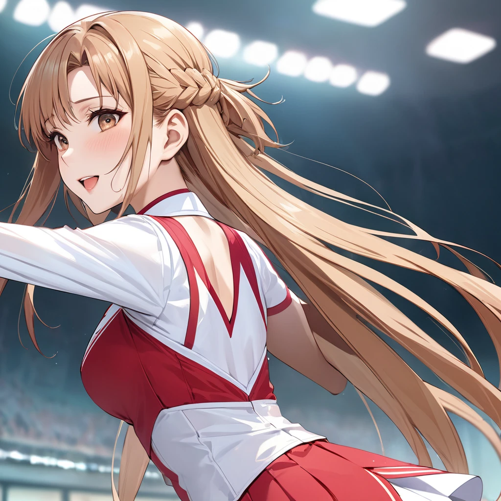 ((Highest quality)), ((masterpiece)), (detailed), （Perfect Face）、The woman is a North Korean named Yuuki Asuna, with light brown, medium-long hair and wearing a joyful dance outfit.、As a member of the pleasure group, the woman serves and gives pleasure to North Korean officials.