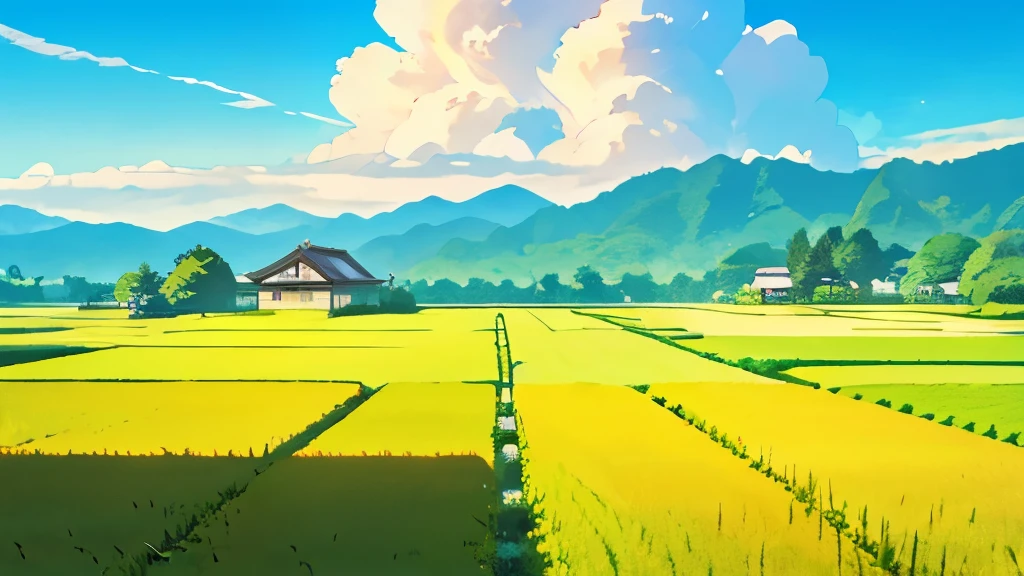 Japanese countryside,Paddy field,Azemichi,Midsummer,sunny,cumulonimbus,Daytime,Highest quality, 8k, High resolution, masterpiece:1.2, Very detailed, Realistic:1.37, High resolution, 超High resolution, Very detailed, Professional, Vibrant colors