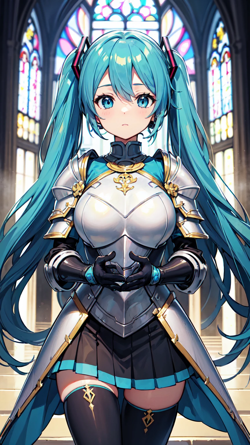 masterpiece, Highest quality, 8K Hatsune Miku VOCALOID, Light blue hair、Bright Blue Eyes、 1 female, Big Breasts, Equip Cloak, ((The armor is white and gold.))、((Dragon Armor)), {{Full Armor}}, ((knight armor)), black tights, church
