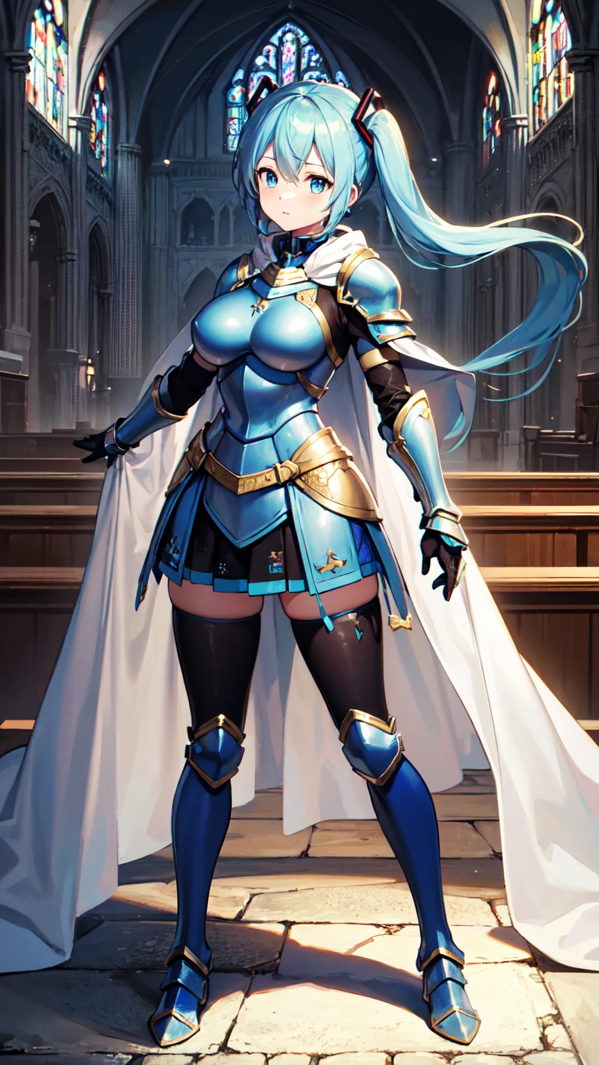 masterpiece, Highest quality, 8K Hatsune Miku VOCALOID, Light blue hair、Bright Blue Eyes、 1 female, Big Breasts, Equip Cloak, ((The armor is white and gold.))、((Dragon Armor)), {{Full Armor}}, ((knight armor)), black tights, church