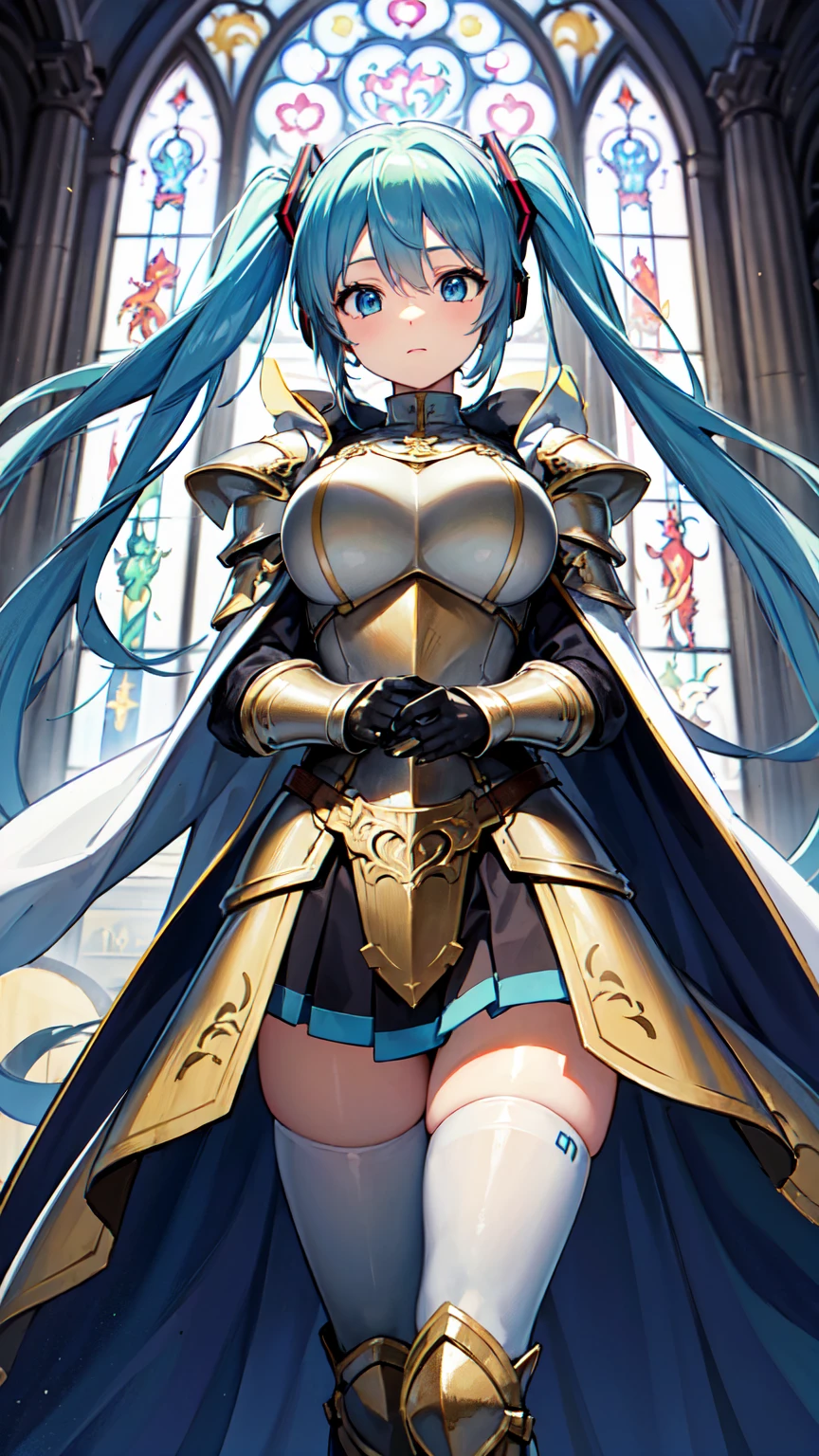 masterpiece, Highest quality, 8K Hatsune Miku VOCALOID, Light blue hair、Bright Blue Eyes、 1 female, Big Breasts, Equip Cloak, ((The armor is white and gold.))、((Dragon Armor)), {{Full Armor}}, ((knight armor)), black tights, church