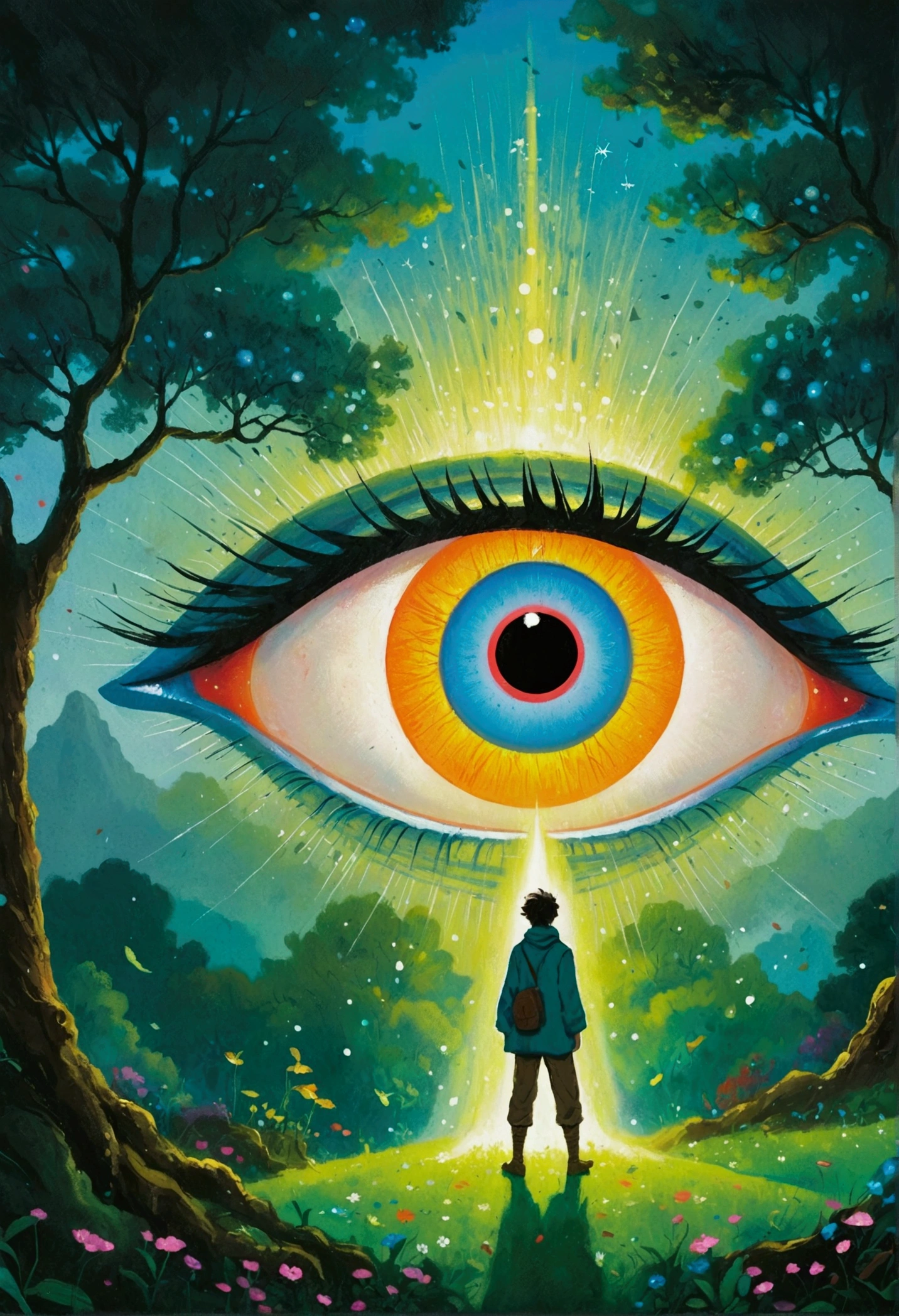 There is a painting，There is a person standing in front of a tree in the painting, Concept Art的灵感来自 Johann Kaspar Füssli, Pixiv competition winner, Concept Art, Giant eye magic spell, Portrait of a mysterious giant eye, Mysterious Eye, Glowing magic eyes, Third Eye Vision, Stylized digital illustration, Psychedelic illustration, All-Seeing Eye