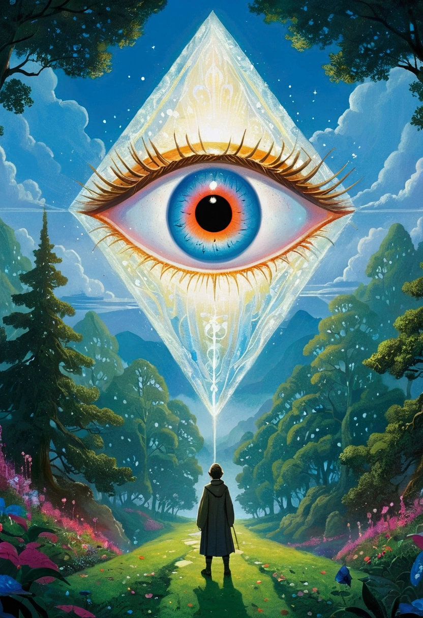 There is a painting，There is a person standing in front of a tree in the painting, Concept Art的灵感来自 Johann Kaspar Füssli, Pixiv competition winner, Concept Art, Giant eye magic spell, Portrait of a mysterious giant eye, Mysterious Eye, Glowing magic eyes, Third Eye Vision, Stylized digital illustration, Psychedelic illustration, All-Seeing Eye