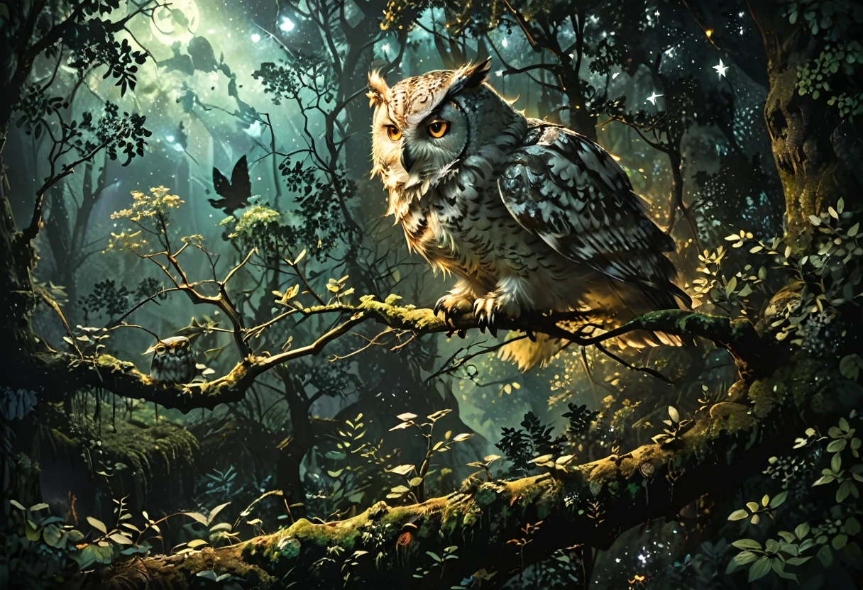 A big owl is perched on a branch in the forest, glowing white owl, glowing owl, Perched on a mossy branch, mobile wallpaper, nite - owl, Forest Night, 光りglowing owl, looking majestic in forest, at night forest, High quality 4K mobile wallpapers, In the forest at night, Perched on a tree, at night forest