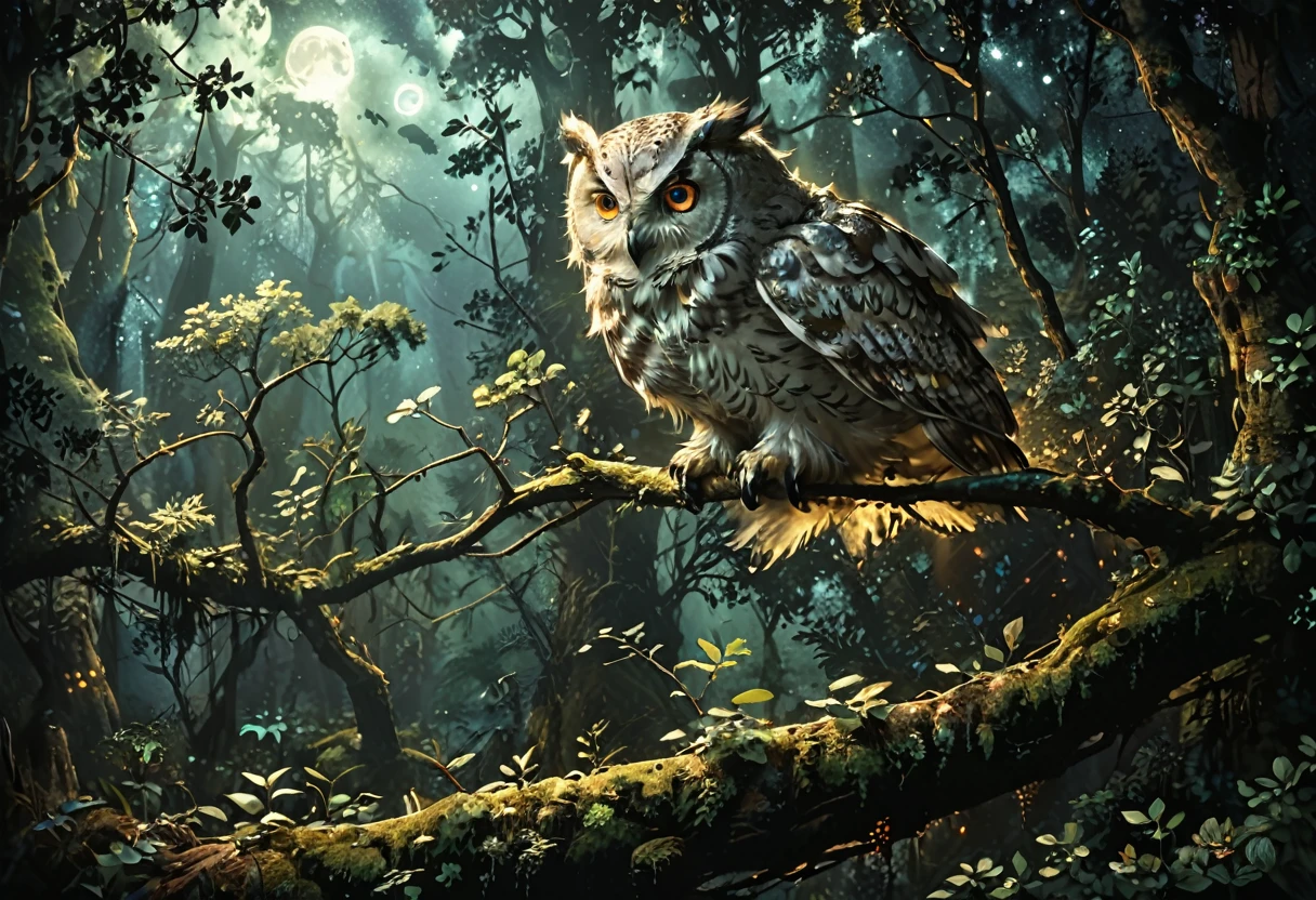 A big owl is perched on a branch in the forest, glowing white owl, glowing owl, Perched on a mossy branch, mobile wallpaper, nite - owl, Forest Night, 光りglowing owl, looking majestic in forest, at night forest, High quality 4K mobile wallpapers, In the forest at night, Perched on a tree, at night forest