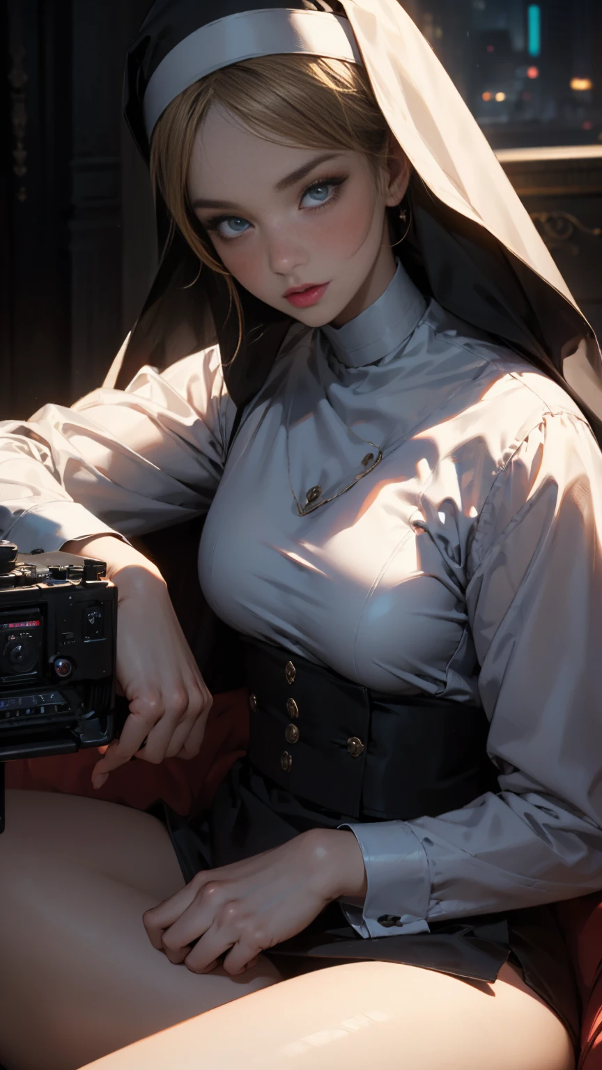 (Ultra-high resolution, 8k original photo, Realistic, Thin contours), (Cinema Lighting, Fabric Shading), (Nuns'Gold decorated scarf:1.3, gold cross jewelry), (巨not a big deal乳房, Breast drooping, not a big deal , Cleavage), 1 girl, ((Mature Woman, Mature Woman:1.2)), 20-year-old, (good, Long side slit skirt), Mature saint praying at the altar of the church, Linkage, religious attire, blush, Hot State, Embarrassing, Looking at the audience, Blonde, night, Clothes that show your body lines, (Dynamic Angle, From the bottom center), ,