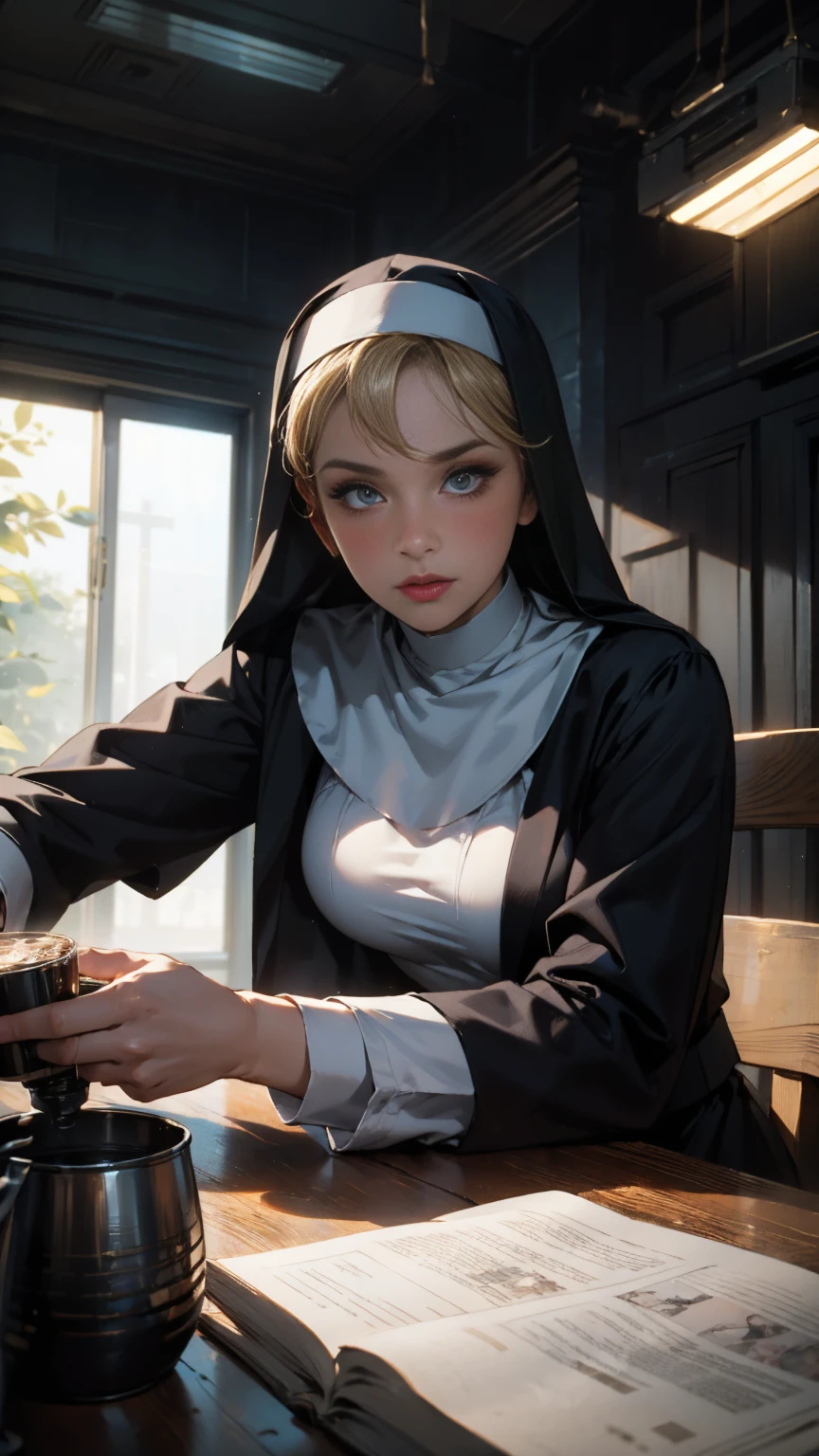 (Ultra-high resolution, 8k original photo, Realistic, Thin contours), (Cinema Lighting, Fabric Shading), (Nuns'Gold decorated scarf:1.3, gold cross jewelry), (巨not a big deal乳房, Breast drooping, not a big deal , Cleavage), 1 girl, ((Mature Woman, Mature Woman:1.2)), 20-year-old, (good, Long side slit skirt), Mature saint praying at the altar of the church, Linkage, religious attire, blush, Hot State, Embarrassing, Looking at the audience, Blonde, night, Clothes that show your body lines, (Dynamic Angle, From the bottom center), ,