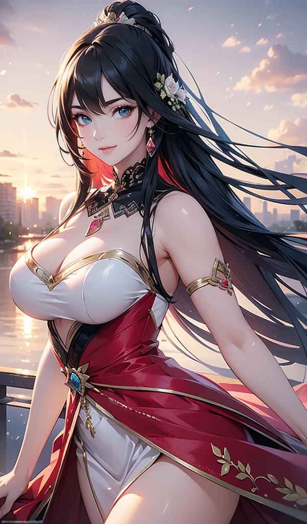 masterpiece, Maximize highest quality:1.5, Maximum highest beautiful and highest realistic 3D digital illustrations:1.5, maximum resolution, UHD, 16K, 1080p, ultra highest clear details, smooth, soft and clearly and most realistic skin texture and hair texture:1.5, highest beautiful detailed eyes texture:1.5, Amazing dynamic movement:1.5, Beautiful backgrounds with depth of field, Most beautiful natural light, Rule of thirds, Maximize every effect and present it in the ultimate quality, 1slut, sexy, 25years old, beautiful face sharp, elegant mature woman, Ultimate perfect body style, highest beautiful big breasts, upturned breasts, beautiful green eyes, shiny black hair, long hair, (eyes visible through hair:1.3), glossy very thick lips, pink lipstick, Obscene smile:1.5, shiny clothes, intricate dress design, highly detailed features, colorful ensemble, long side slits, lace-heavy, dynamic expression, beautiful landscape background,