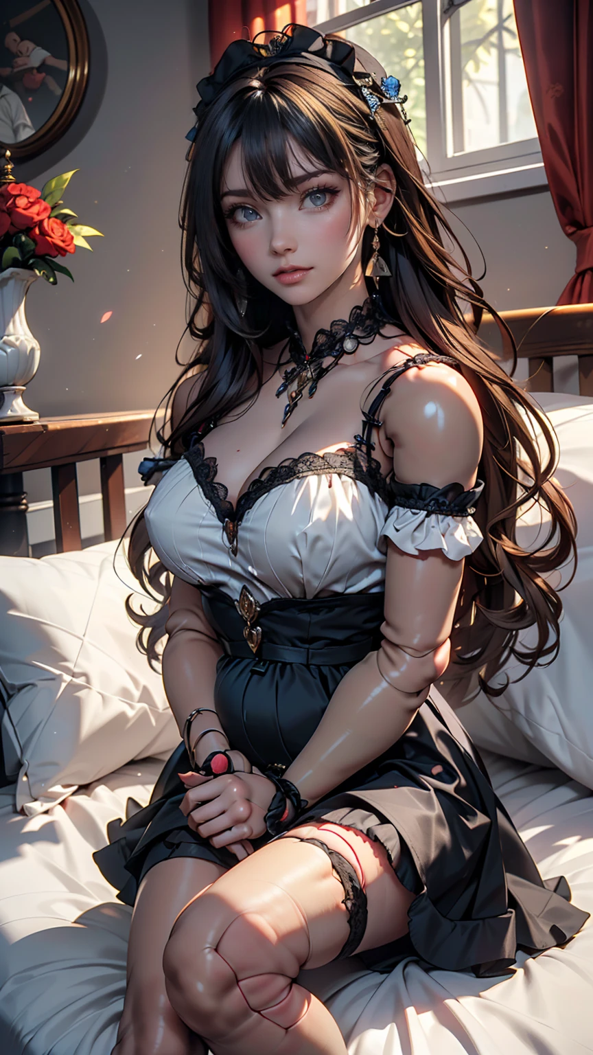 (Realistic painting style:0.9), masterpiece, Highest quality, Absurd, View your viewers, alone, (グレーbaby doll:1.5), Bronya Zajczyk, Red pupils, Large Breasts, Long Hair, Grey Hair, bangs, Grey Eyes, Earrings, Drill Hair, Hair between the eyes, hair ornaments, (baby doll:1.3), See through, bed, Expressionless
