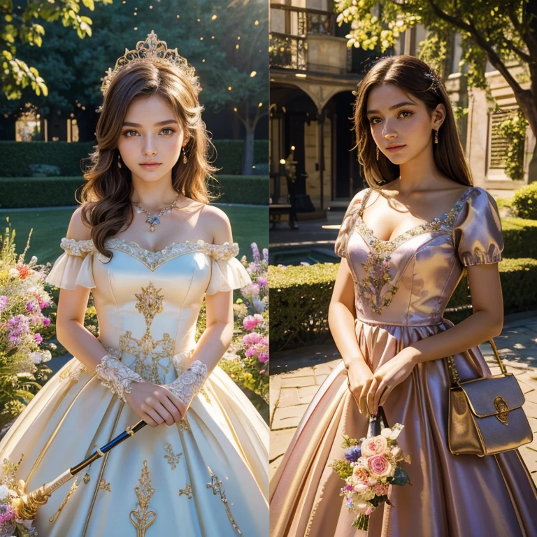 (masterpiece, best quality:1.5), highest quality, High resolution, super detailed, Realists, Upper body photo of a brunette 14 year old magical girl, detailed and beautiful eyes, beautiful detailed lips, very detailed eyes and face, longeyelashes, shiny satin dress, Holding a wand in your hand and performing a transformation spell, Magic wands present and shiny, Beautiful and colorful makeup, elegant and noble々The jewelry bag, Gardens as background, soft daylight, bright colors, fine brushstrokes, Portrait style, Silk dress fabric, beautiful color palette, glowing skin, First-class rendering, that captures every detail, enchanting atmosphere, subtle shadows and lights, (perfect anatomy:1.2), (The two stunning 14 and 12 year old magic girls turn roses into chocolate (a transformation with the magic wand:1.4), (magnificent panorama view:1.2)