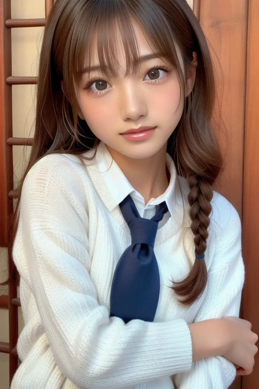((Cute 15 year old Japanese))、on the road、Highly detailed face、Pay attention to the details、double eyelid、Beautiful thin nose、Sharp focus:1.2、Beautiful woman:1.4、Cute Hairstyles、Pure white skin、Highest quality、masterpiece、Ultra-high resolution、(Realistic:1.4)、Highly detailed and professional lighting、nice smile、Japanese school girl uniform