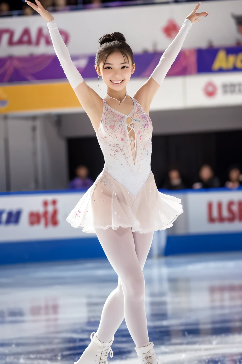 ((masterpiece)), ((best quality)), (ultra-detailed),(ultra highres:1.0),(high saturation:1.0),15yo,1 Girl,Beautiful and delicate skin,full body,A slender,light skinned,large tits,single hair bun,smile,Ice rink,a figure skater,fall down,