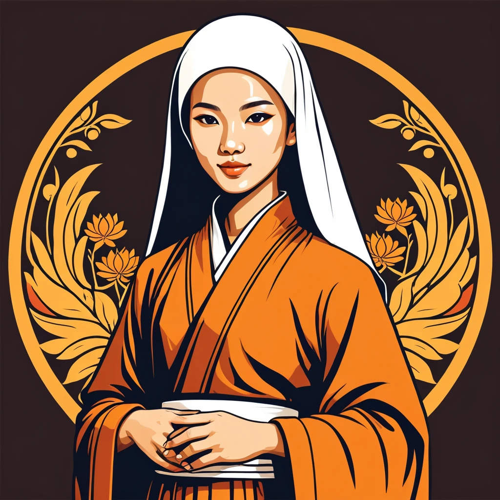female monk in singapore folk outfit ,vector graphics, strong contours, logo design