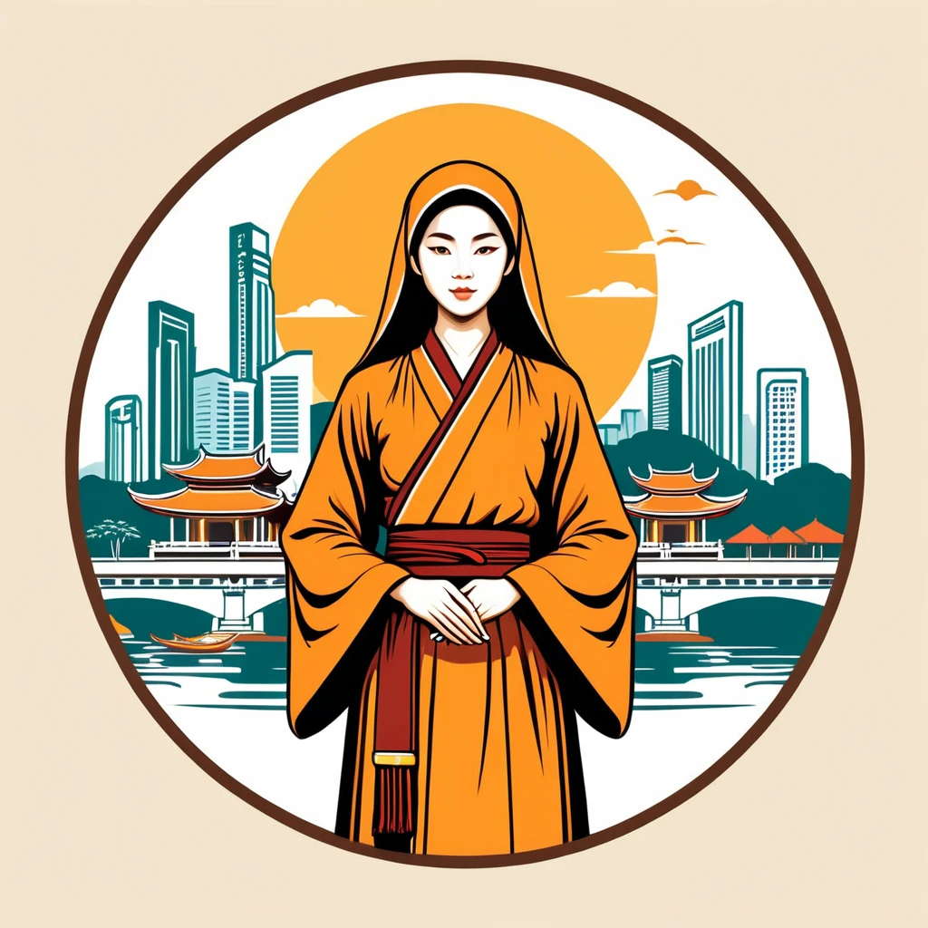 female monk in singapore folk outfit ,vector graphics, strong contours, logo design
