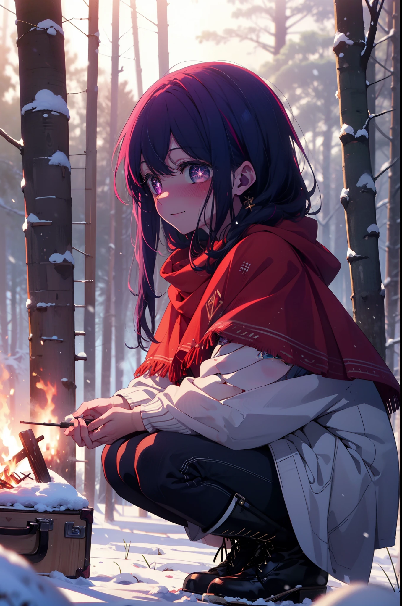 aihoshino, Ai Hoshino, Long Hair, bangs, (Purple eyes:1.1), Purple Hair, (Symbol-shaped pupil:1.5), smile,,smile,blush,white breath,
Open your mouth,snow,Ground bonfire, Outdoor, boots, snowing, From the side, wood, suitcase, Cape, Blurred, , forest, White handbag, nature, Squat, Mouth closed, Cape, winter, Written boundary depth, Black shoes, red Cape break looking at viewer, Upper Body, whole body, break Outdoor, forest, nature, break (masterpiece:1.2), Highest quality, High resolution, unity 8k wallpaper, (shape:0.8), (Beautiful and beautiful eyes:1.6), Highly detailed face, Perfect lighting, Highly detailed CG, (Perfect hands, Perfect Anatomy),