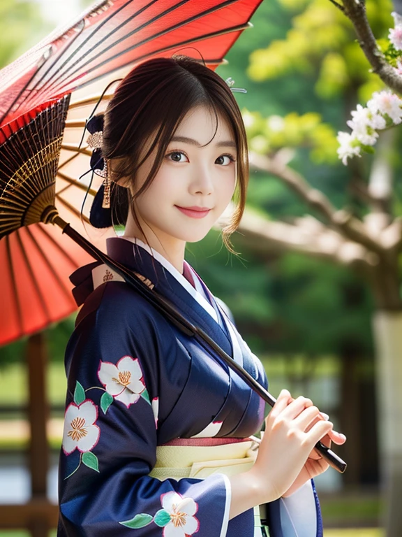 Photo-realistic quality、A Japanese woman wearing a kimono and holding a red umbrella, Traditional Japanese Beauty、20 year old Japanese model, in Kimono,  elegant japanese woman, Japanese style, in a kimono, Portrait Shot, wearing kimono, Japanese style,  Wear Hakama、looking at the camera、Detailed and beautiful eyes、Cute smile、A soft and gentle look