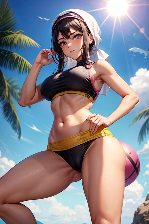 Arabic woman, meddle eastern women, athletic, midriff, black sport shorts, visible pink thong at the waist, cameltoe, bright yellow sport tank top, breasts, tan skin, sculptured body, outdoor