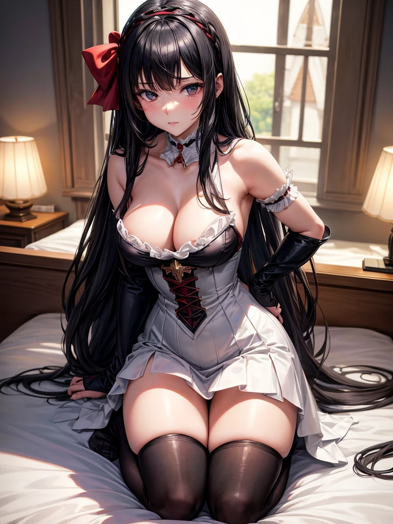 Anime girl, fantasy world, medieval, long black hair, big red bow in the middle of her head, loose bright white dress, thigh-high stockings, showing white skin, good figure showing curves, kneeling on the bed, leaning forward to see the chest under the dress, arms crossed, personal camera angle
Embarrassed face
Renaissance, anime style, drop shadow, anatomically correct, best quality, UHD, masterpiece, anatomically correct, best quality