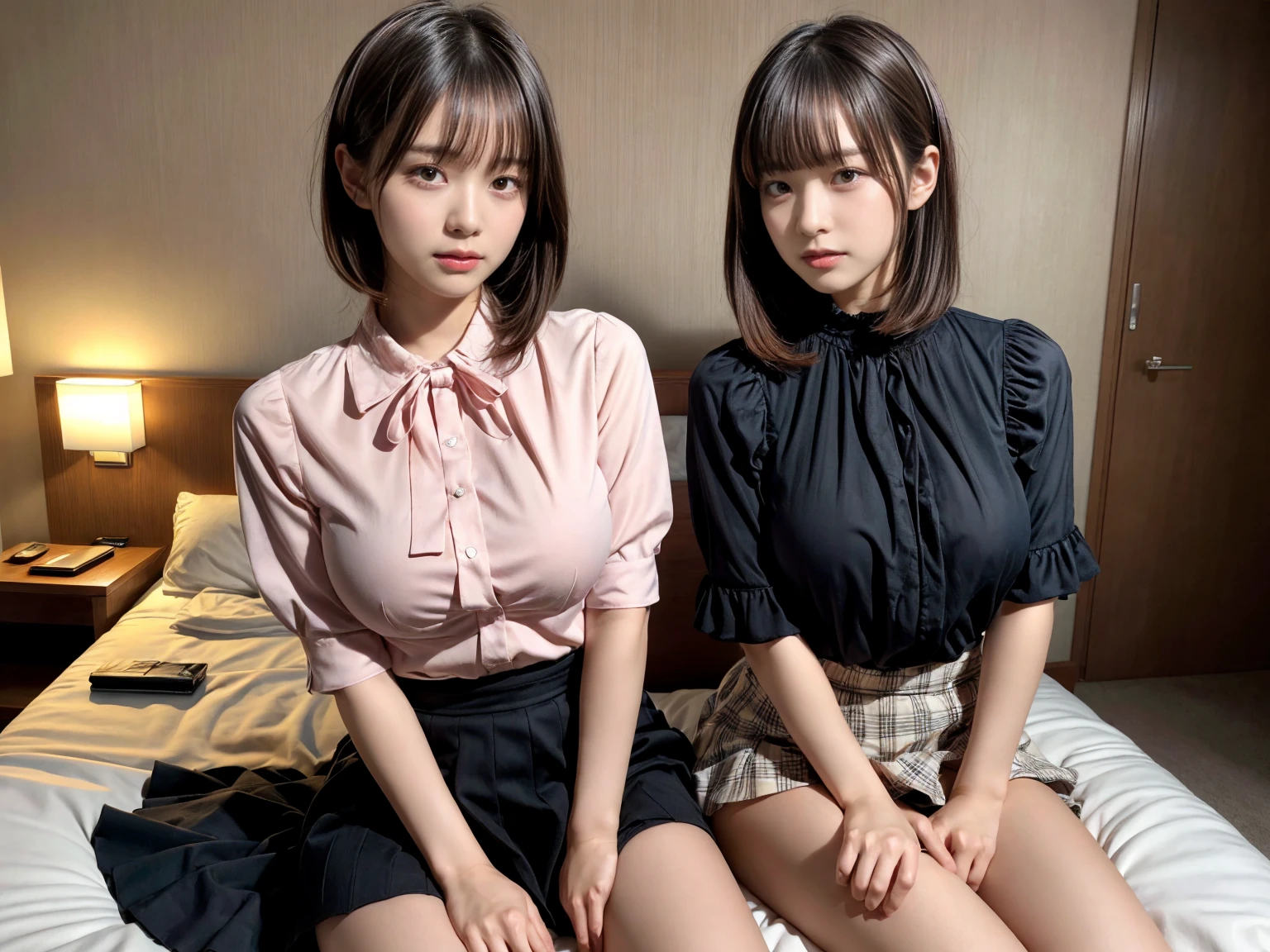 masterpiece, best quality, illustration, Super detailed, fine details, High resolution, 8K,wall paper, perfect dynamic composition,(Details High quality, realistic depiction of eyes:1.3), (2 girls), pink frilled shirt blouse, Black Frilled skirt, sitting, open legs, short bob hair, in a hotel room in the background, deep on field, large breasts, black hair color, Big Natural Color Lip, (perfect body shape), crying a little、Harajuku style、20 year old girl、cute type、beautiful legs, Gravure Idol