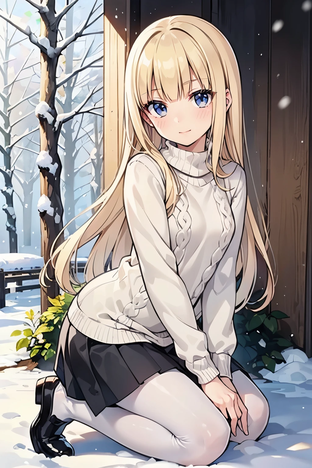 Safe for work, masterpiece, best quality, solo, 1 girl,  cute girl, wholesome girl, (young female body:1.4), ( medium small breasts), cowboy shot, shy smile, flustered, yellow hair, voluminous wavy hair, extra long hair, hime cut, very blunt bangs, light blue eyes, detailed eyes, snowy forest trees, snow, hiromashimav1, black pleated skirt, white knitted jumper, knitted sweater, oversized white sweater, short black skirt, white pantyhose, black skirt, sitting in the snow, kneeling on the ground snow, white pantyhose, black shoes