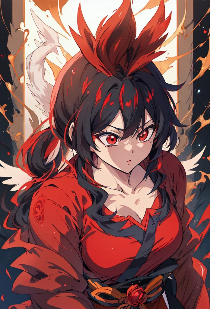 masterpiece, best quality, ultra-detailed, CG illustration, high resolution, better lighting, best shadow, extremely delicate and beautiful, appropriate shading, HD, 8k, ray tracing, hyper detailed and sharp background, perfect lights, anime style, Inspired by the game Mahokenshi: House of Ruby (Tengu, winged mountain kami, aggressive, red and white colors), strength, samuraipunk, solo, 1 woman, black hair, red eyes, adult, obi tassel,