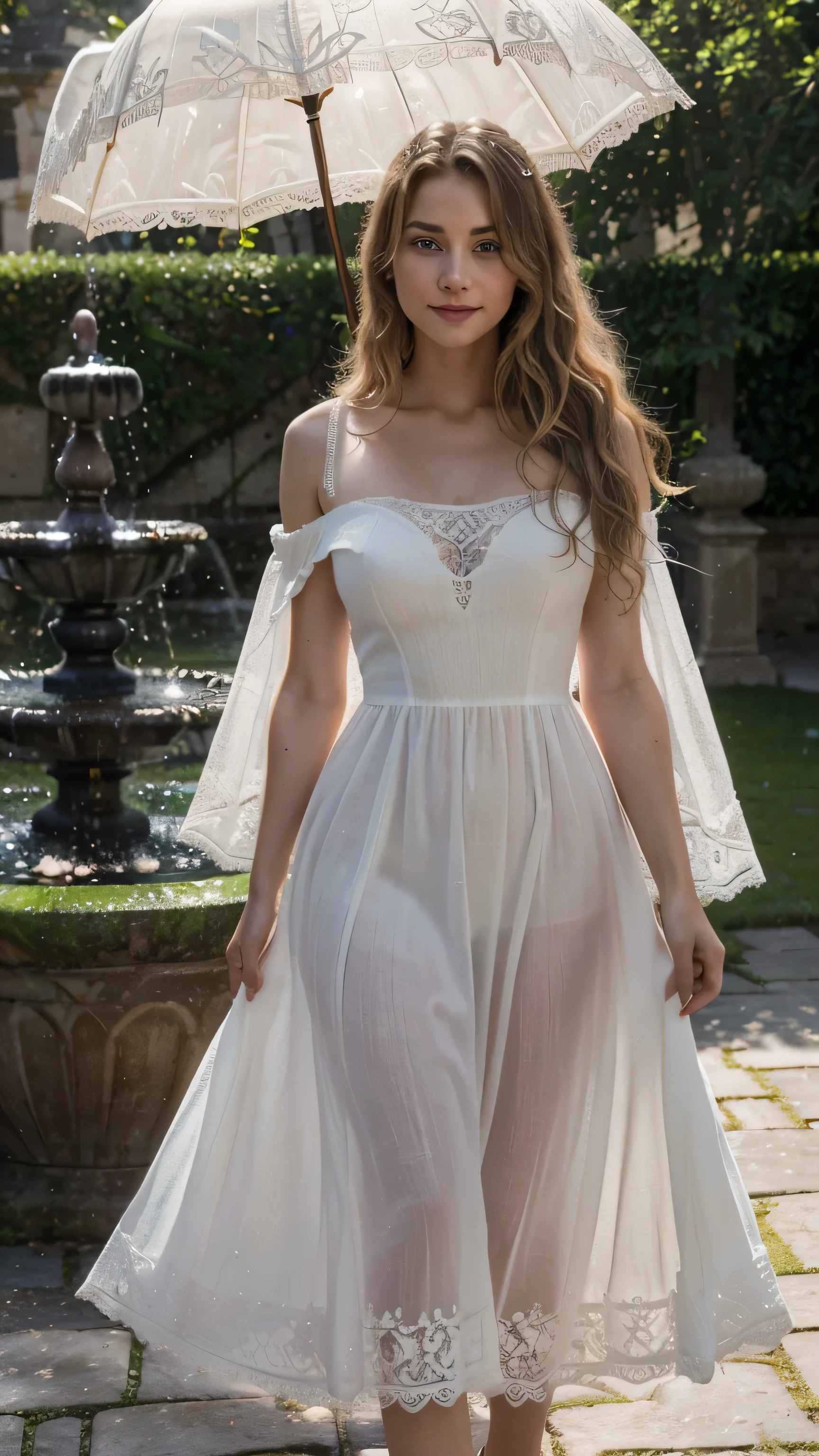 Beautiful blonde strolling through the gardens of a historic castle, (wearing a long, flowing dress that evokes timeless elegance. She holds a lace umbrella to protect herself from the sun, et regarde autour d'elle avec émerveillement. Flower-lined paths and fountains add a touch of grandeur and romance to the scene.), very detailed, 21 ans, visage innocent, natural wavy hair, blue eye, high resolution, masterpiece, best quality, intricate details, very detailed, sharpness, detailed skin, realistic skin texture, texture, detailed eyes, professionnel, 4K, charming smile, shot with Canon, 85mm, shallow depth of field, Kodak Vision Color, corps parfaitement ajusté, extremely detailed, Photo_(ultra), Photorealistic, realistic, post-traitement, Maximum details, roughness, real life, ultra realistic, photorealism, la photographie, 8k uh, la photographie.