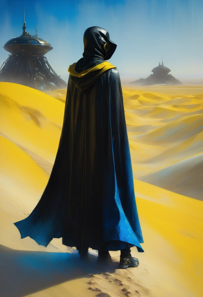 Man in black cape and vaporpunk steampunk costumes in the desert, art in blue and yellow only, steampunk and hooded mask, 4D high relief texture painting, 8k, futuristic vintage, full body view from far away, photorealism, abstract impressionism, arte por Jeremy Mann