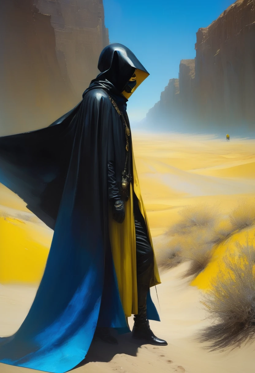 Man in black cape and vaporpunk steampunk costumes in the desert, art in blue and yellow only, steampunk and hooded mask, 4D high relief texture painting, 8k, futuristic vintage, full body view from far away, photorealism, abstract impressionism, arte por Jeremy Mann