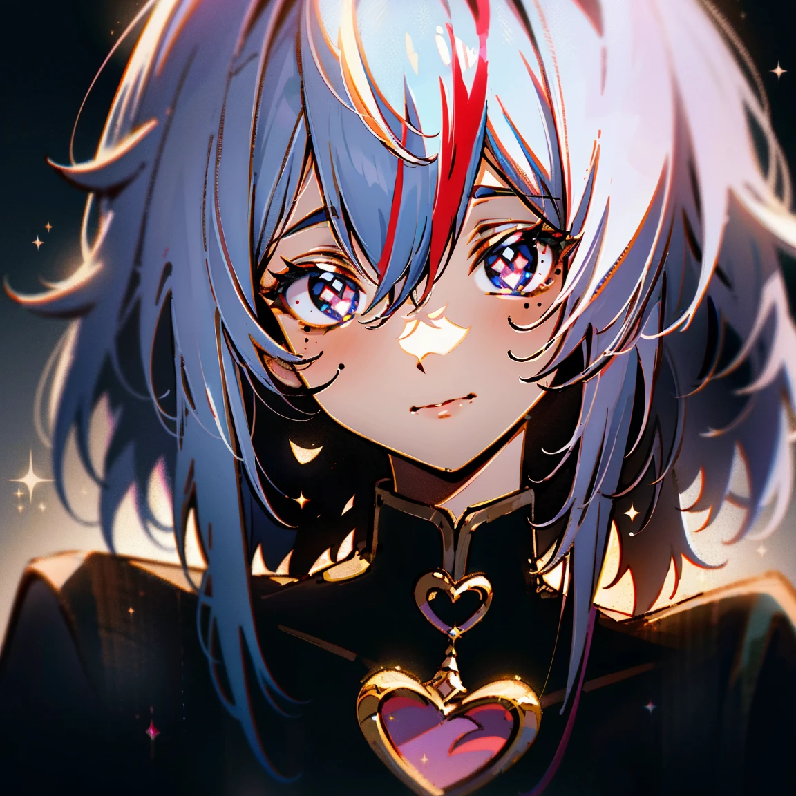 streaked hair, white hair, medium hair, mole under eye, heart-shaped pupils, chiaroscuro, cinematic lighting, sparkle, Surrealism, UHD, high details, best quality, masterpiece, DARK,