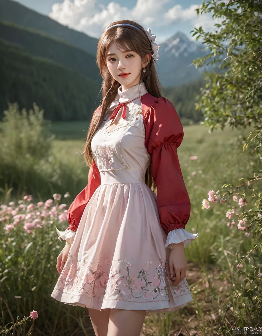 (masterpiece, best quality:1.4), (future days), (full of white flowers), (1girl), ((18 years old)), solo, (european youth:1), aerith gainsborough, choker, cropped jacket, hair bow, bracelet, (((red jaket))), (((pink dress))), brown boots, very long hair, hair ribbons, hair flowers, strapless red dress, high heels hyperrealistic, high detailed skin, dslr, soft lighting, high quality, highly detailed face, highly detailed skin, skin pores, subsurface scattering, realistic pupils, huge breast, full face blush, full lips, detailed background, depth of field, volumetric lighting, sharp focus, absurdres, realistic proportions, good anatomy, ((light smile)), ((looking at viewer)), ((cowboy shot)), (realistic, hyperrealistic:1.4), 16k hdr, medium breasts, show vagina, spread legs.