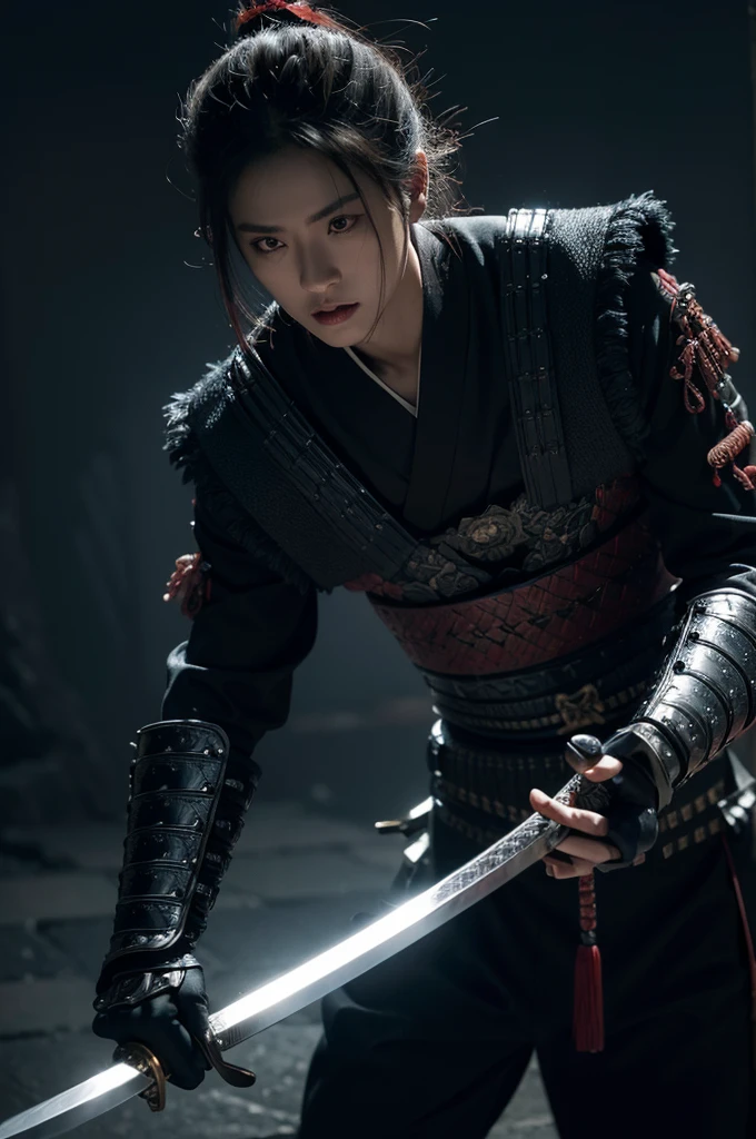 a samurai sword, highly detailed, japanese katana, exquisite craftsmanship, gleaming metal blade, intricate hilt and guard, dramatic lighting, dark moody atmosphere, cinematic composition, hyper realistic, 8k, photorealistic, masterpiece