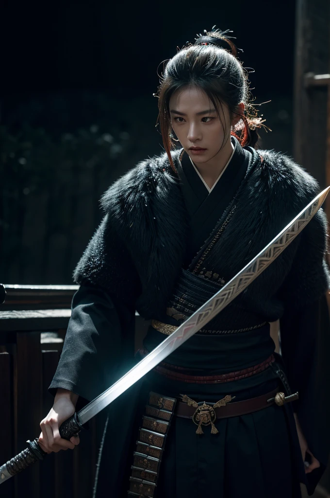 a samurai sword, highly detailed, japanese katana, exquisite craftsmanship, gleaming metal blade, intricate hilt and guard, dramatic lighting, dark moody atmosphere, cinematic composition, hyper realistic, 8k, photorealistic, masterpiece