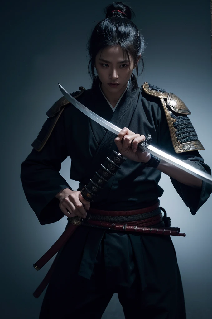 a samurai sword, highly detailed, japanese katana, exquisite craftsmanship, gleaming metal blade, intricate hilt and guard, dramatic lighting, dark moody atmosphere, cinematic composition, hyper realistic, 8k, photorealistic, masterpiece