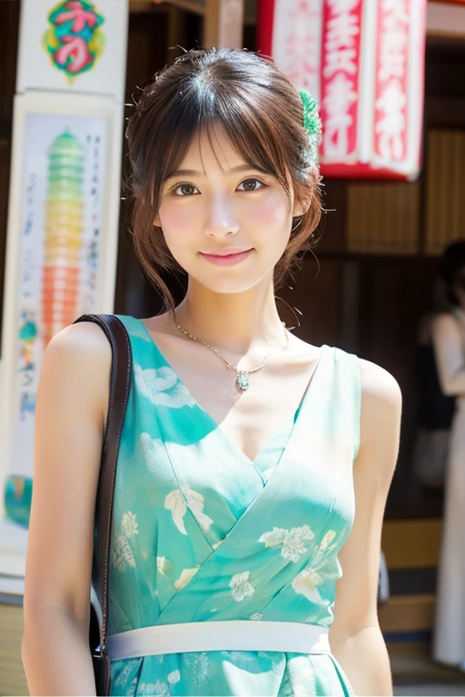 Cute beautiful girl in Japan、Photorealistic、(Masterpiece), (Highest quality), White sleeveless dress、A refreshing stole、With her bag slung across her chest,