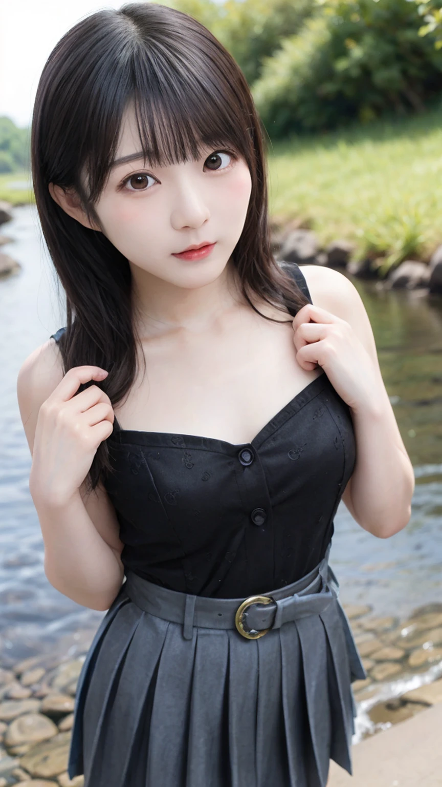 A beautiful girl with a super cute face and a tsundere personality、Rural riverbed、Bust size: 33DD、Waist size 21 inches、Innocent girl pleated skirt、Innocent girl&#39;s shirt、Favorite panties、The highest standard of ultra-high definition full-body photos、(Small face)、No makeup、Sexy lips、Chignon hairstyle、