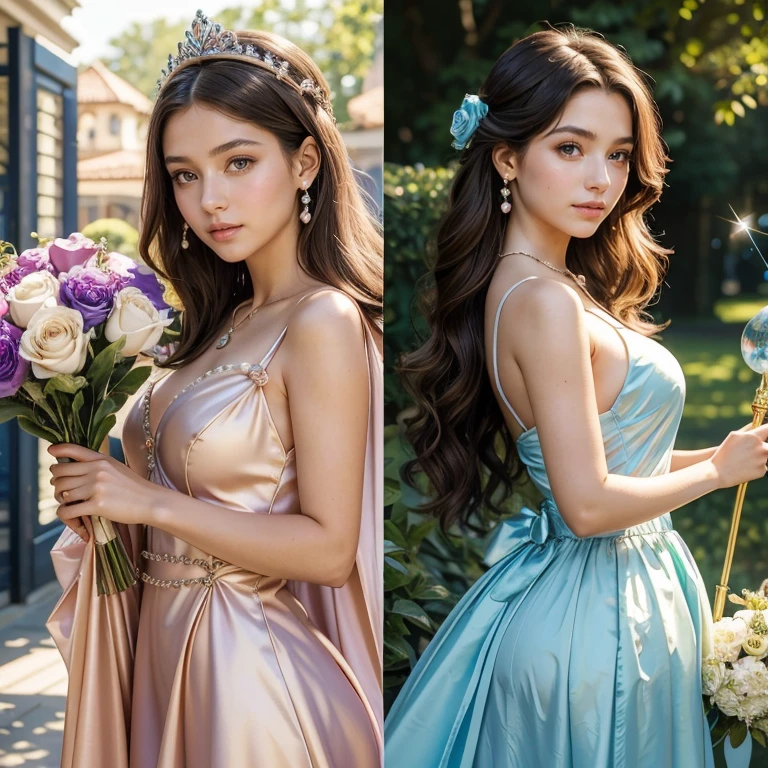 (masterpiece, best quality:1.5), highest quality, High resolution, super detailed, Realists, Upper body photo of a brunette magical girl, detailed and beautiful eyes, beautiful detailed lips, very detailed eyes and face, longeyelashes, shiny satin dress, Holding a magic wand in your hand, Cast a transformation spell, StFish transform into pearl jewelry, Holding a bouquet of flowers in hand, Magic wands present and shiny, Beautiful and colorful makeup, elegant and noble々The jewelry bag, Gardens as background, soft daylight, bright colors, fine brushstrokes, Portrait style, Silk dress fabric, beautiful color palette, glowing skin, First-class rendering, that captures every detail, enchanting atmosphere, subtle shadows and lights, (perfect anatomy:1.2), (The two stunning 14 and 12 year old Magical Girls transform fish into pearl jewelry. (a transformation with the magic wand:1.4), (magnificent panorama view:1.2)