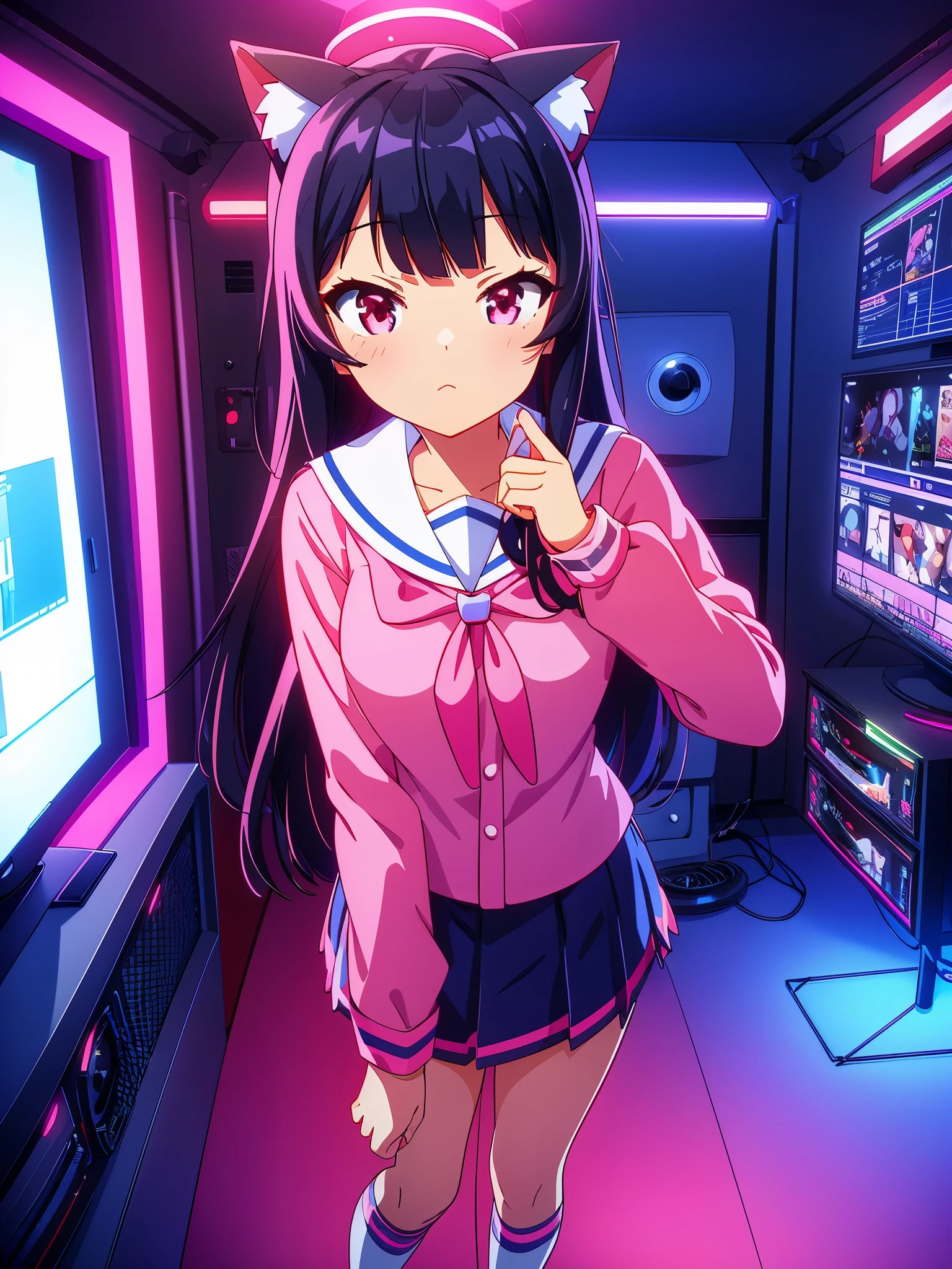 beautiful girl incredible quality perfect anatomy nekomimi 4k vtuber with red eyes multiple color blue and black hair with pink ribbon Short pleated skirt sailor style blouse long sleeve white long stockings pink tennis shoes with black vtuber youtuber in recording studio room PC gamer in the background and cyberpunk LED lights 