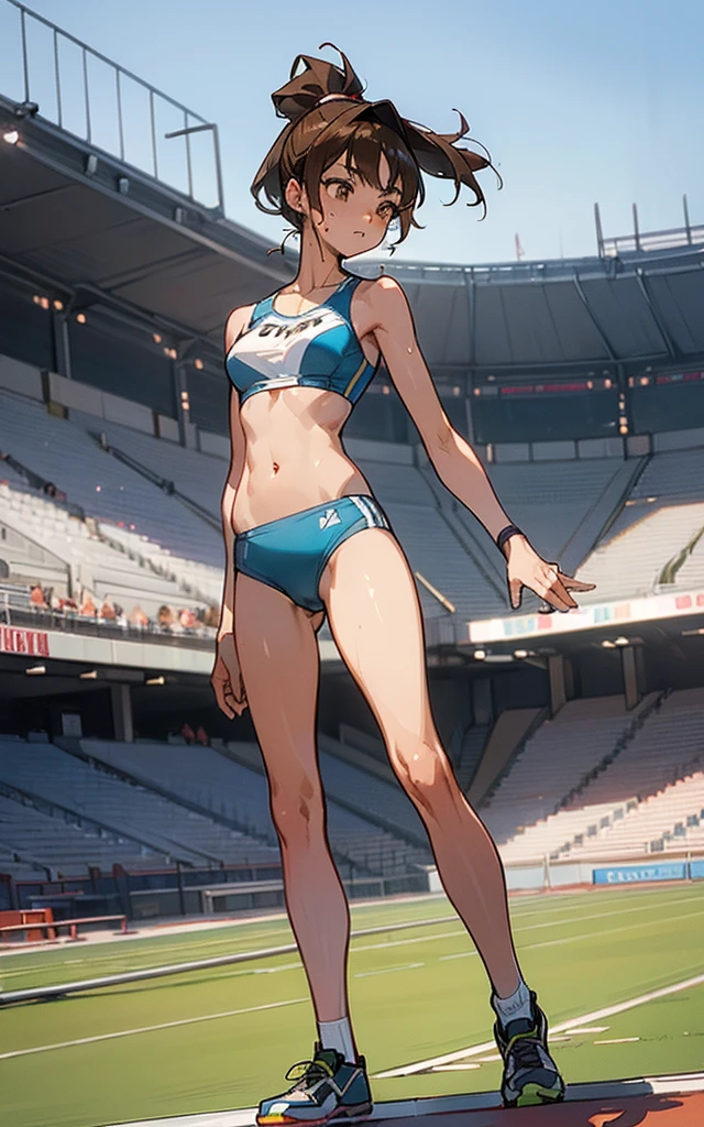 ((Masterpiece)), ((Best Quality)),Ultra High Resolution, Caustics, Detailed, Beautiful Detailed Eyes, solo, (athletics stadium, track and field athlete),cowboy shot,20 year old beauty、(separate, ,sports bikini,show off belly),slender body, ideal ratio body proportions,oily skin, gleaming skin,sweat,medium breasts,brown eyes, (ponytail)、medium hair,brown hair,painful expression、run,